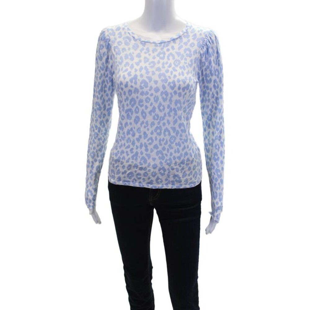 Golde Womens Cotton Baby Blue Animal Print Sheer Long Sleeve T-Shirt White XS